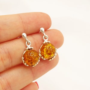 925 Sterling Silver,Real Baltic Amber,Cognac,Stud Earrings,Handmade Jewelry,Unique Gift For girls,womens,Mothers,Anniversary,wedding,Bestie