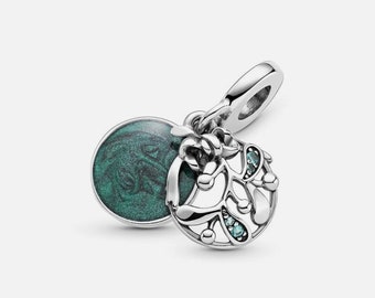 925 Sterling Silver Meet Me Under The Mistletoe Green Pandora Style Dangle Charm,best gift for girls,boys,women,Christmas,Love