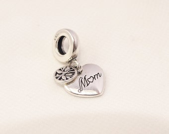 925 Sterling Silver Mom Dangle Heart Charm,Best Gift for Birthday,Women,Mothers Day, Grand mothers, Bracelet-necklace pendant,Unique mothers