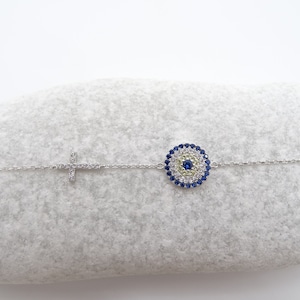 925 Silver Cross Round Greek Evil Eye Bracelet,Cross Link Dainty,CZ Cubic Zirconia,best gift for her, girl,women,anniversary,graduation,bday