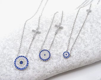 Collana in argento sterling 925 con occhio malvagio: croce con zirconi cubici, a strati