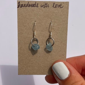 Aquamarine, small earrings, hypoallergenic fish-hooks, pretty earrings, jewellery, gift, quirky, unique, handmade earrings.