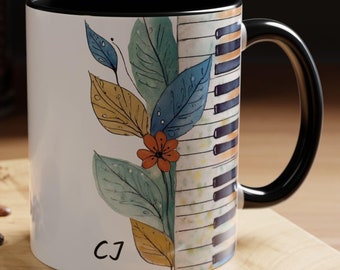 Personalized Keyboard Mug with Leaves, 2-Letter Monogram or No Monogram, Music Lover Gift, Custom Ceramic Coffee Mug, 11oz