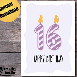 Sweet 16 Geburtstagskarte zum 16 Geburtstag, Minimalistische Geburtstagskerze Design Digitale Karte, Sofortiger Download PDF JPG KOSTENLOSER Umschlag Vorlage