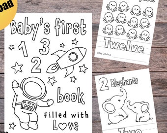 Libro para colorear para baby shower 123, Libro de los primeros números del bebé, Actividad imprimible para baby shower, Tamaño carta y 5x7, PDF, Descarga instantánea