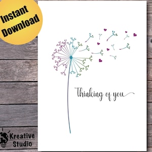 Carte numérique « Thinking of you », carte de sympathie pissenlit, note imprimable « Thinking of you », téléchargement immédiat, modèle d'enveloppe GRATUIT