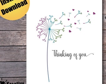 Thinking of You Digital Card, Dandelion Sympathy Card, Printable Thinking of You Note, Instant Download, FREE Envelope Template