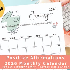 Puede incluir: Un calendario mensual de 2026 con fondo blanco, que presenta el mes de enero. El calendario incluye el texto "¡Los nuevos comienzos están llenos de posibilidades, este es tu momento de brillar!" y las palabras "Afirmaciones positivas".