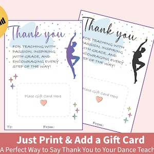 Dance Teacher Gift Card Holder, Printable Dance Teacher Appreciation, Digital Download, Thank You Coach Gift, Instant Download PDF
