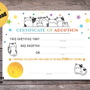 Certificado de adopción de gato imprimible, tamaño carta de EE. UU. y 5x7, mascota o animal de peluche - Descarga instantánea en PDF