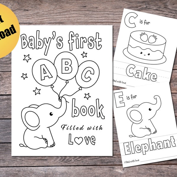 Printable Baby's First ABC Book, Baby Shower Activity, Keepsake Alphabet Coloring Book, Classroom Activity, 2 Sizes, PDF, Instant Download