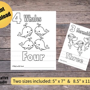 K&ouml;nnte beinhalten: Schwarzwei&szlig;es druckbares Arbeitsblatt mit einer Zahl 4 mit vier Walillustrationen und dem Wort "Whales" und einer Zahl 3 mit drei Meerjungfrauenillustrationen und dem Wort "Mermaids". Das Arbeitsblatt enth&auml;lt auch die W&ouml;rter "Four" und "Three" mit Linien zum Nachzeichnen.