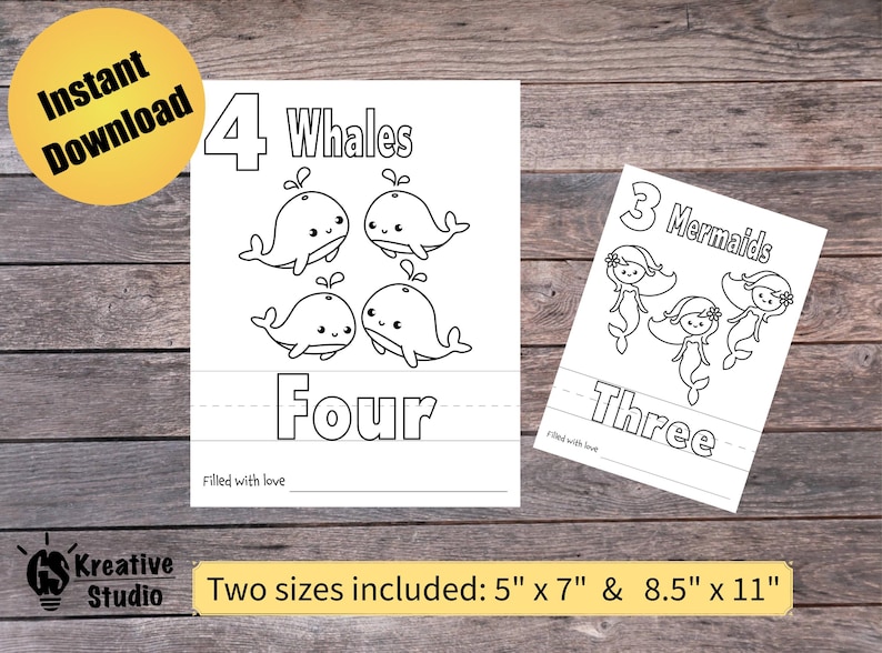 K&ouml;nnte beinhalten: Schwarzwei&szlig;es druckbares Arbeitsblatt mit einer Zahl 4 mit vier Walillustrationen und dem Wort "Whales" und einer Zahl 3 mit drei Meerjungfrauenillustrationen und dem Wort "Mermaids". Das Arbeitsblatt enth&auml;lt auch die W&ouml;rter "Four" und "Three" mit Linien zum Nachzeichnen.