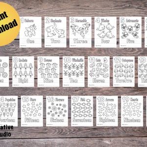 K&ouml;nnte beinhalten: Schwarz-wei&szlig;e druckbare Z&auml;hlkarten mit den Zahlen 1 bis 20 und entsprechenden Illustrationen. Jede Karte hat eine Zahl, das Wort f&uuml;r die Zahl und eine Reihe von Bildern zum Z&auml;hlen.