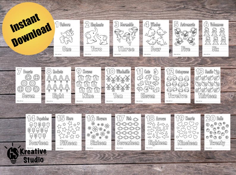K&ouml;nnte beinhalten: Schwarz-wei&szlig;e druckbare Z&auml;hlkarten mit den Zahlen 1 bis 20 und entsprechenden Illustrationen. Jede Karte hat eine Zahl, das Wort f&uuml;r die Zahl und eine Reihe von Bildern zum Z&auml;hlen.