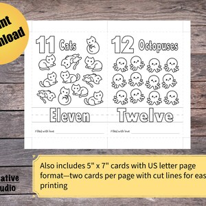 K&ouml;nnte beinhalten: Schwarz-wei&szlig;e druckbare Lernkarten mit den Zahlen 11 und 12 mit Illustrationen von Katzen und Kraken. Die Karten enthalten die W&ouml;rter "Elf" und "Zw&ouml;lf" sowie den Text "gef&uuml;llt mit Liebe".