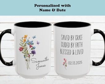 Personalized Baptism Mug, Faith Coffee Cup, Religious Gift, Baptism Anniversary Gift, Custom Christian Mug, Christian Keepsake, Flower Mug
