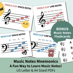 Printable Music Note Mnemonics, Music Flashcards, Treble and Bass Clef, Fun Music Theory Flashcards, US Letter and A4 Instant Download PDF