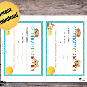 Puede incluir: Certificado de adopci&oacute;n imprimible con un lindo dibujo animado de un perro y un gato. El certificado tiene un borde azul y naranja y una huella de pata dorada. El texto dice "Certificado de adopci&oacute;n" y "Esto certifica que [name] ha adoptado a [pet name] el [date]. &iexcl;Prometo amar y cuidar a mi nuevo amigo!"