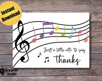 Carte de remerciement imprimable Notes de musique pour professeur de musique, chorale, piano ou pour s'amuser Merci PDF JPG, modèle d'enveloppe GRATUIT