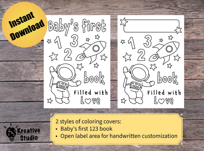 K&ouml;nnte beinhalten: Zwei schwarz-wei&szlig;e Malbuchcover mit einem Astronauten in einer Rakete. Das erste Cover hat den Text "Baby's first 123 book" und das zweite Cover hat einen leeren Platz f&uuml;r die Personalisierung. Beide Cover haben den Text "Filled with Love".