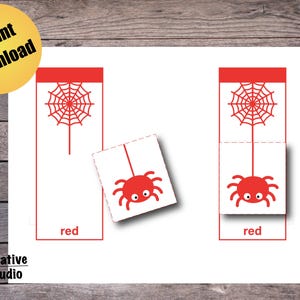 May include: Two red cards with a spider web and a spider hanging from it. The cards say "red" at the bottom.