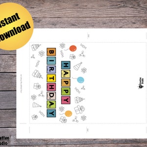 May include: Printable card with a colorful periodic table design that spells out "Happy Birthday". The card is decorated with birthday-themed illustrations like balloons, cake, and presents.