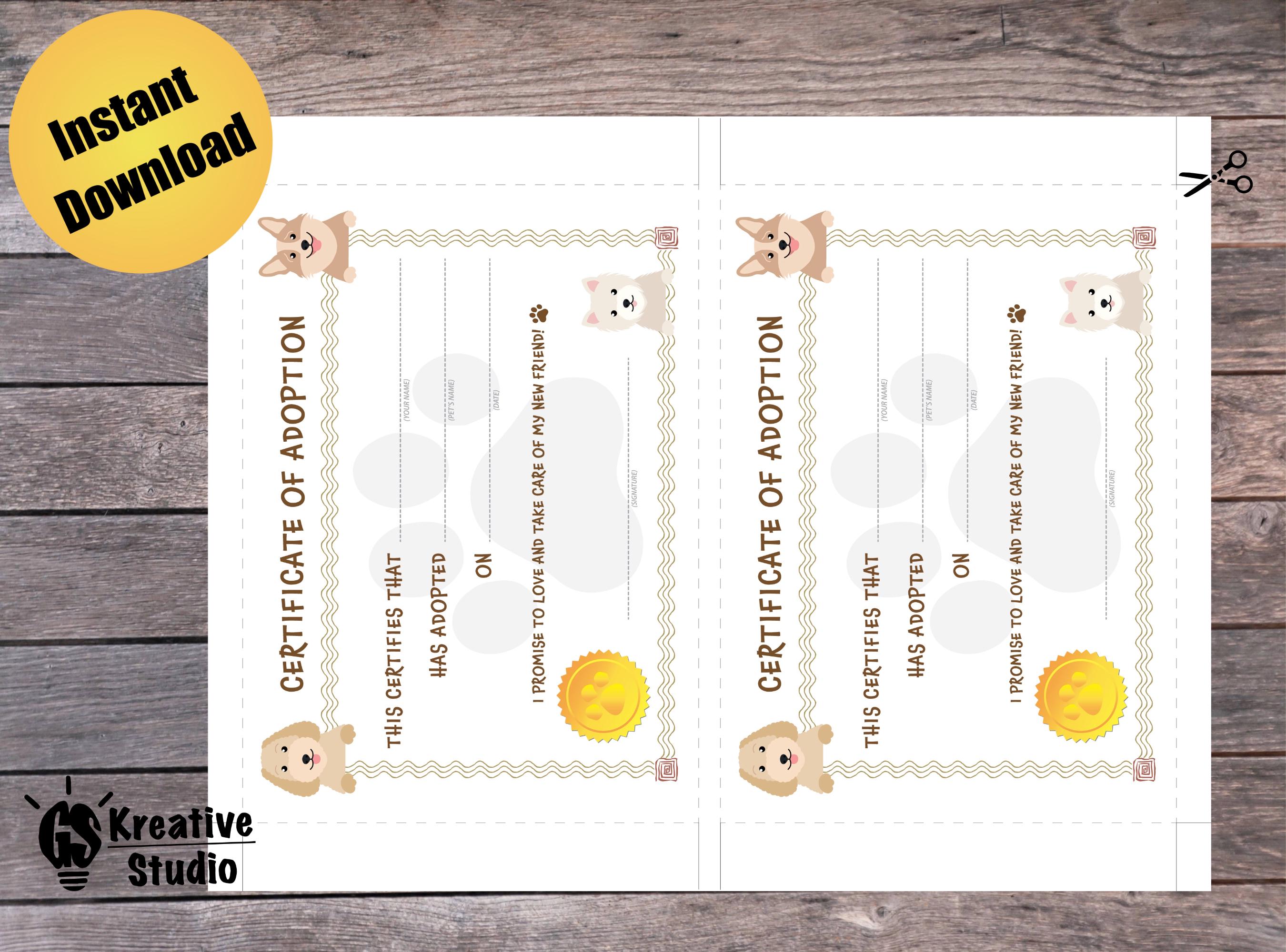 Printable Puppy Adoption Certificate, Dog Adoption Certificate, Stuffed ...