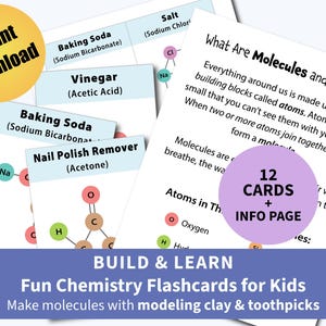 Cartes-éclair sur les molécules pour les enfants, imprimables scientifiques STIM, activité d'apprentissage de la chimie, enseignement STEM à la maison, téléchargement immédiat en PDF