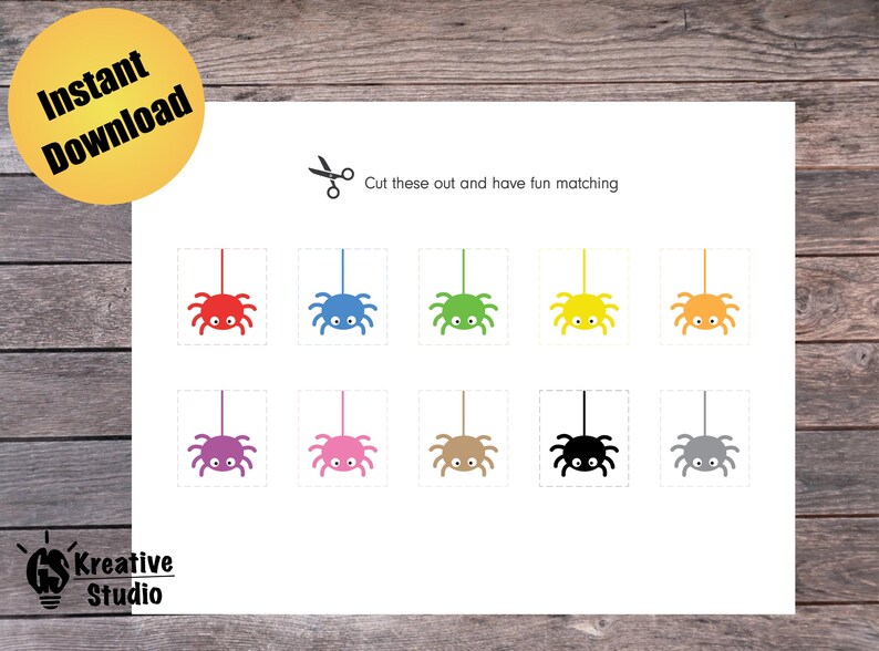 May include: Printable Halloween spider matching game. Cut out the spiders and match the colors. There are eight spiders in total, each with a different color: red, blue, purple, pink, brown, black, gray, and yellow.