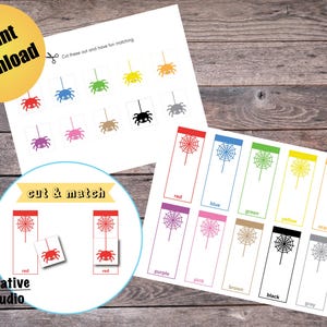 May include: Printable spider web and spider cut and match activity for kids. The printable includes 10 different colored spider webs and 10 different colored spiders. The printable says "Cut these out and have fun matching" and "cut & match".