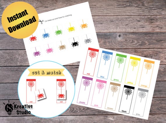 Spider Color Matching Game, Preschool Learning Activity, Printable Educational PDF, Homeschool Worksheet, Instant Download
