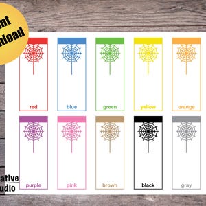 May include: Printable set of 10 blank spiderweb bookmarks in various colors: red, blue, green, yellow, orange, purple, pink, brown, black, and gray. Each bookmark features a simple spiderweb design.