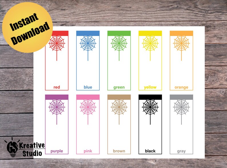May include: Printable set of 10 blank spiderweb bookmarks in various colors: red, blue, green, yellow, orange, purple, pink, brown, black, and gray. Each bookmark features a simple spiderweb design.