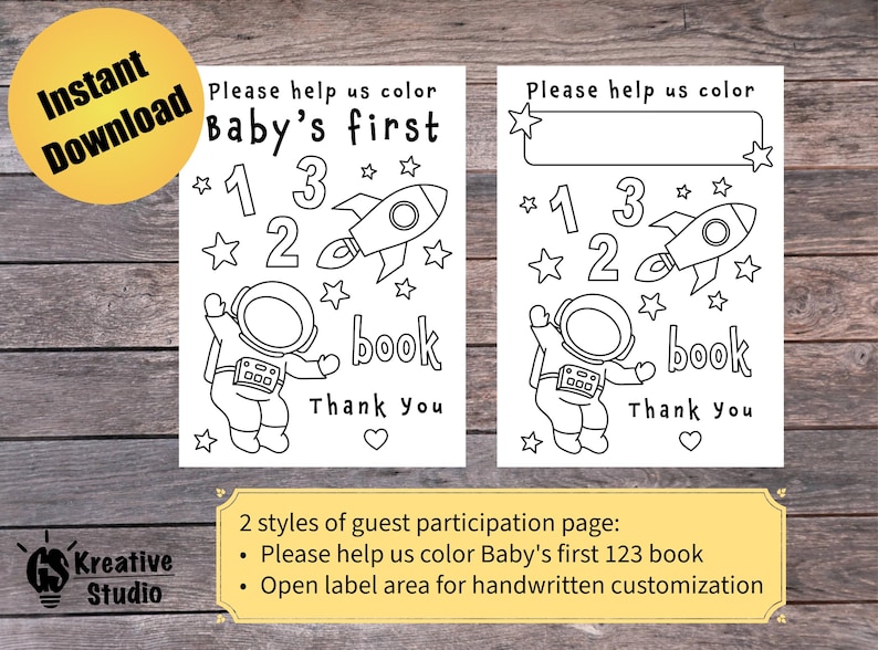 K&ouml;nnte beinhalten: Zwei druckbare Malvorlagen mit einer Schwarzwei&szlig;illustration eines Astronauten, einer Rakete, Sternen und den Zahlen 1, 2 und 3. Der Text "Please help us color Baby's first 123 book" ist auf beiden Seiten enthalten. Eine Seite hat einen leeren Platz f&uuml;r eine handschriftliche Nachricht.