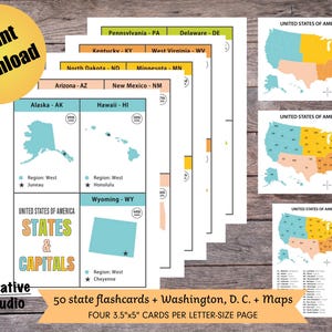 USA States and Capitals, Printable Flashcards, USA Geography, Homeschool Activity, United States Cards, PDF, Instant Download