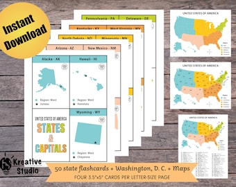 USA States and Capitals, Printable Flashcards, USA Geography, Homeschool Activity, United States Cards, PDF, Instant Download