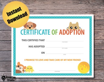 Pet Adoption Certificate, Letter Size Printable - Instant Download PDF, JPG