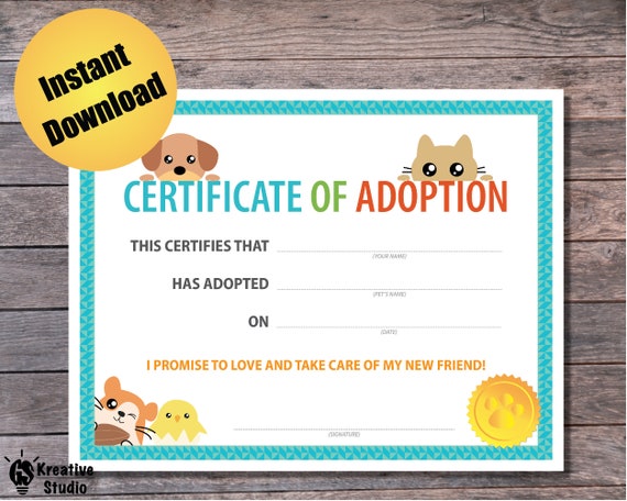 Pet Adoption Certificate, Letter Size Printable - Instant Download PDF, JPG