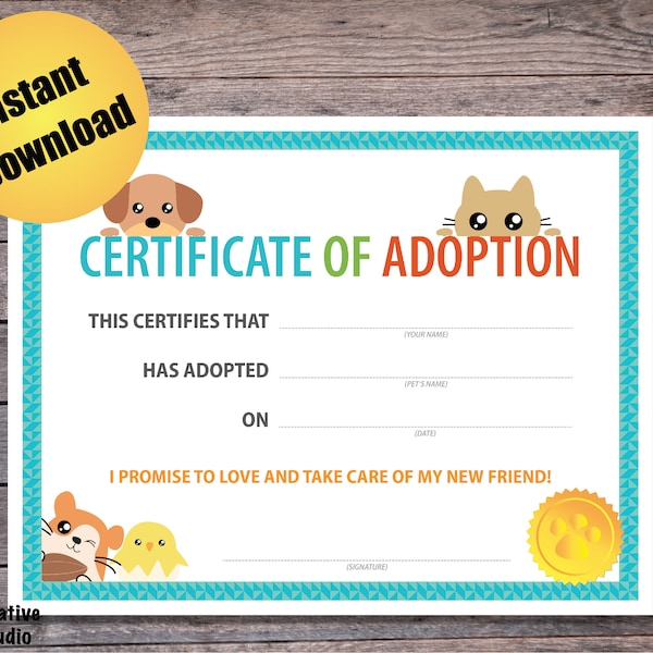 Pet Adoption Certificate, Letter Size Printable - Instant Download PDF, JPG