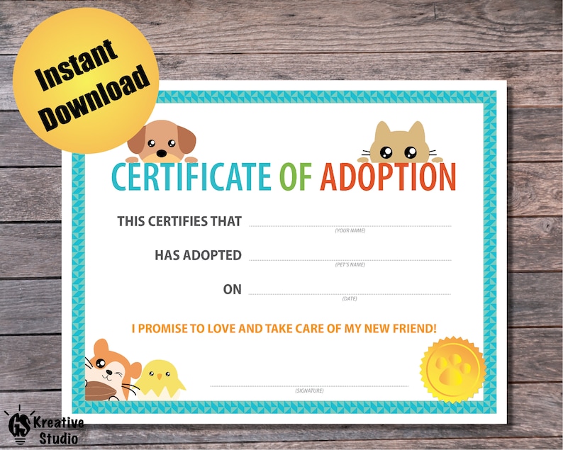 Puede incluir: Un certificado de adopci&oacute;n imprimible con un borde azul, verde y naranja. El certificado tiene un perro y un gato asom&aacute;ndose por la parte superior y dice "Certificado de Adopci&oacute;n". Tiene espacios para rellenar el nombre del adoptante, el nombre de la mascota y la fecha.