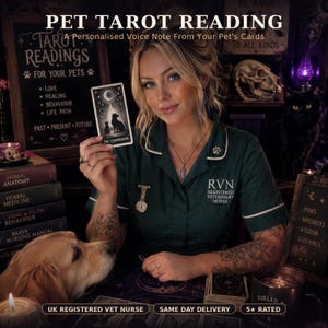 May include: A tarot card titled The Companion featuring a dog and cat silhouette under a crescent moon. The card is held by a person in a dark green uniform with white trim and the text RVN Registered Veterinary Nurse embroidered on the chest.