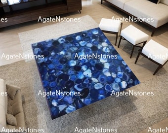Handmade Blue Agate Square Coffee Table Top: Elegant Home Decor