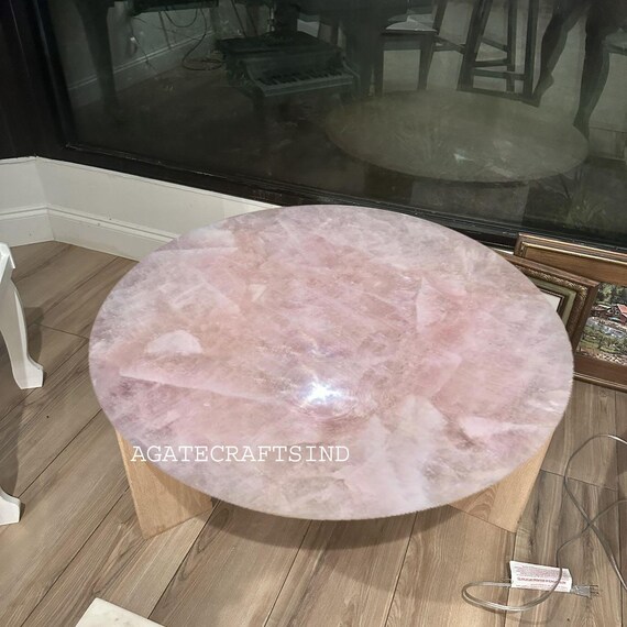 Handmade Round Pink Rose Quartz Table Top | Gemstone Center Table
