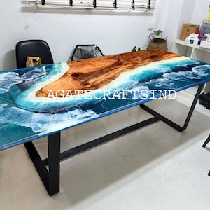 Ocean Epoxy Resin Walnut Dining Table | Live Edge River Table | Handmade Wood and Blue Resin Tabletop | Luxury Custom Dining Room Furniture