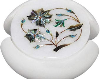 White Marble Coaster Set, Lapis Lazuli Inlay, Handmade Stone Drink Coasters