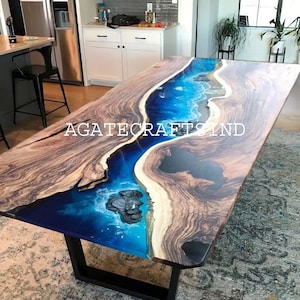Epoxy Resin Dining Table Top, Ocean Wave Table, Walnut Wooden Ocean Beach Table Luxury Home Decor Furniture