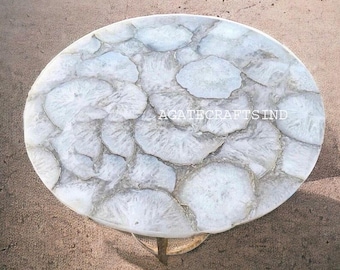 Mesa de centro de ágata blanca hecha a mano: decoración de lujo con piedras preciosas para el hogar