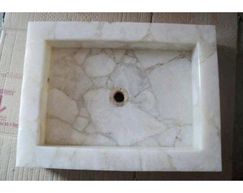 Lavabo de baño de cuarzo blanco hecho a mano: Lavabo de encimera de ágata