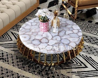 Mesa de centro de ágata blanca hecha a mano: decoración de lujo con detalles de cristal